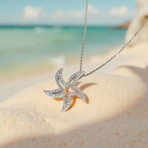 Fortune Starfish Necklace | CZ Pavé in Platinum-Plated Sterling Silver